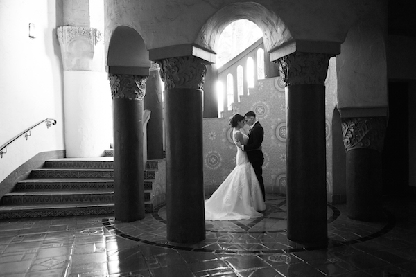 Married couple at the Santa Barbara Courthouse staircase.