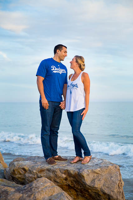 The bride and groom are sporting their Dodgers gear at their engagement photoshoot.
