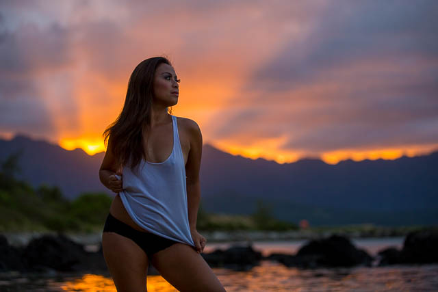 Boudoir photoshoot at Secret Beach during sunset, in Oahu, Hawaii.