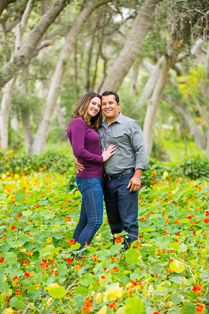 Couple embraces at Ennisbrook trail in Montecito, California.