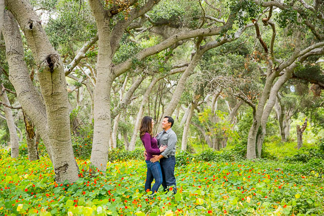 Couple embraces at Ennisbrook trail in Montecito, California.