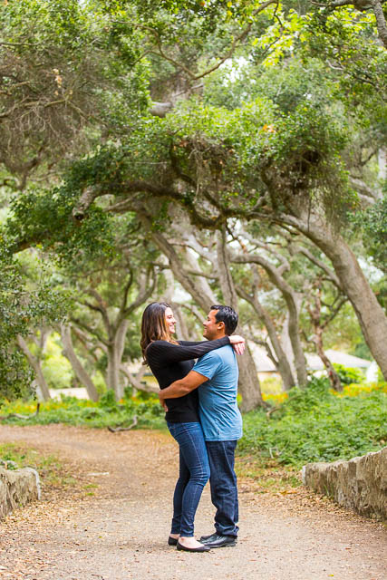 Couple embraces at Ennisbrook trail in Montecito, California.