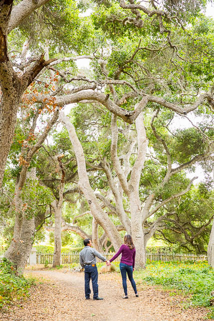 The bride and groom to be strike a pose at Ennisbrook in Montecito, for their engagement photographs. 