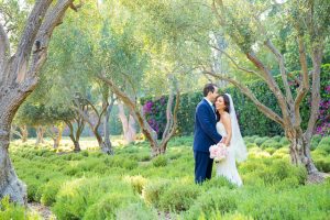 Bride and groom portraits in the lavender field at San Ysidro Ranch in Montecito, California.