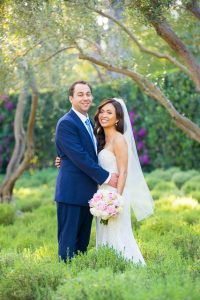 Bride and groom portraits in the lavender field at San Ysidro Ranch in Montecito, California.