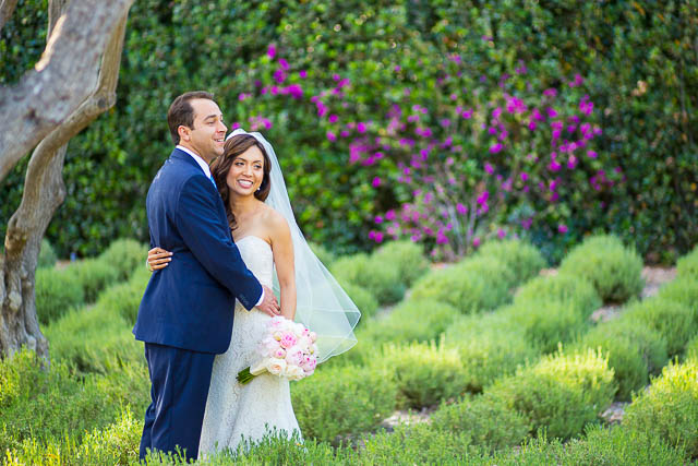 Bride and groom portraits in the lavender field at San Ysidro Ranch in Montecito, California.