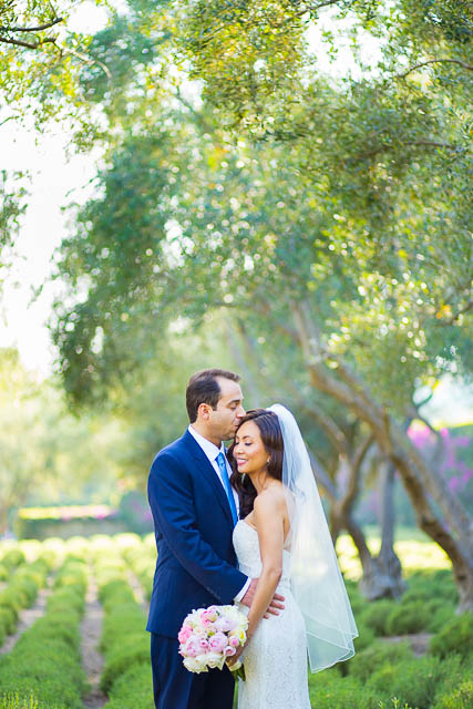 Bride and groom portraits in the lavender field at San Ysidro Ranch in Montecito, California.