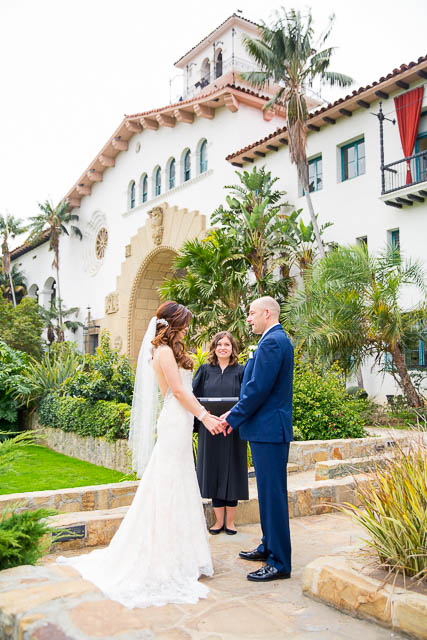 The bride and groom during their elopement at the Santa Barbara Courthouse.