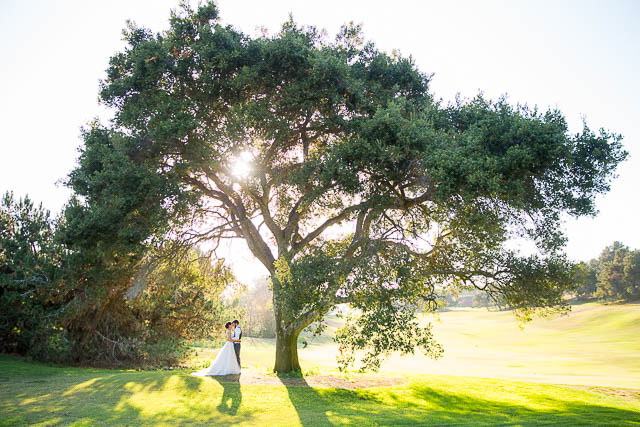 Newlyweds take sunset photos at Glen Annie Golf Club wedding.