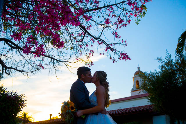 Bride and groom sunset wedding photos at Alice Keck Park, Santa Barbara.