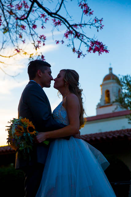 Bride and groom sunset wedding photos at Alice Keck Park, Santa Barbara.