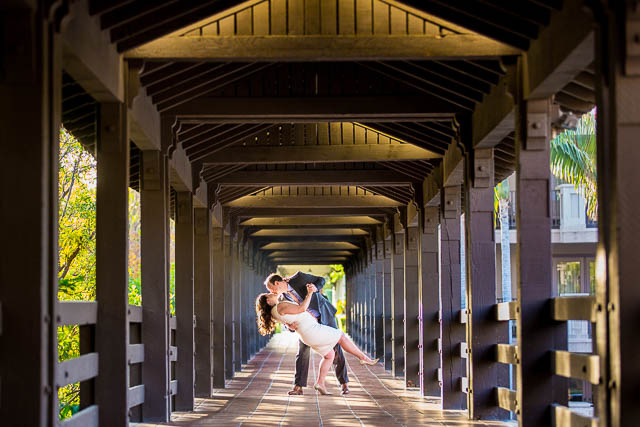Bride and groom taking unique photos at the Langham Hotel Pasadena.