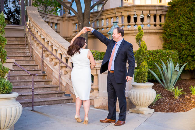 Sunset photos of the engaged couple at the Pasadena Langham Huntingon Hotel.