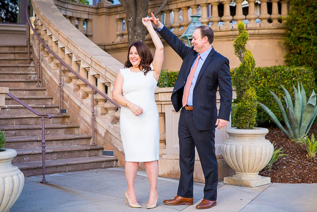 Sunset photos of the engaged couple at the Pasadena Langham Huntingon Hotel.