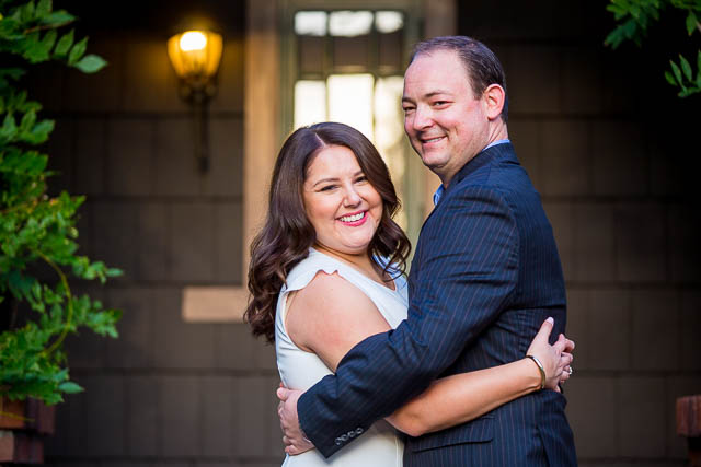 Couple laughing at the Langham Hotel Pasadena engagement photoshoot.