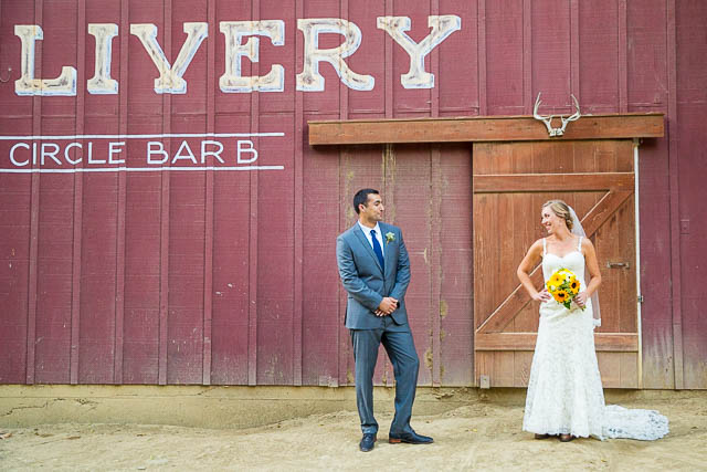 Bride and groom photos with horses at Circle Bar B Ranch wedding in Goleta, California.
