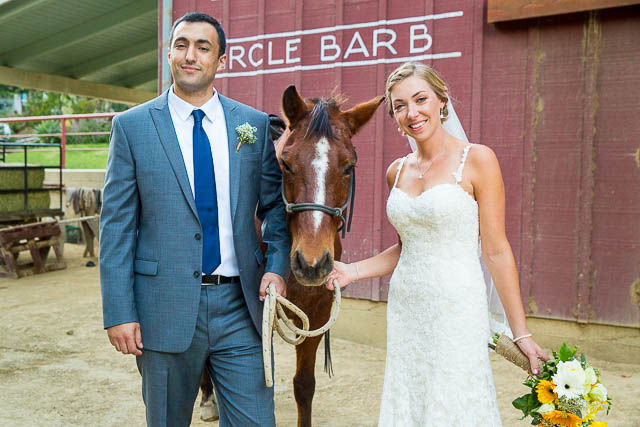 Bride and groom photos with horses at Circle Bar B Ranch wedding in Goleta, California.