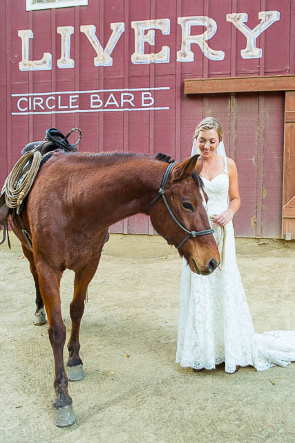 Bride and groom photos with horses at Circle Bar B Ranch wedding in Goleta, California.