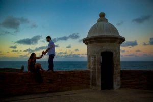 Sunset silhouette engagement photos at Castillo de San Cristobal, San Juan, Puerto Rico.