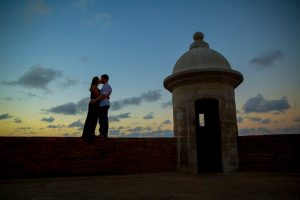 Sunset silhouette engagement photos at Castillo de San Cristobal, San Juan, Puerto Rico.