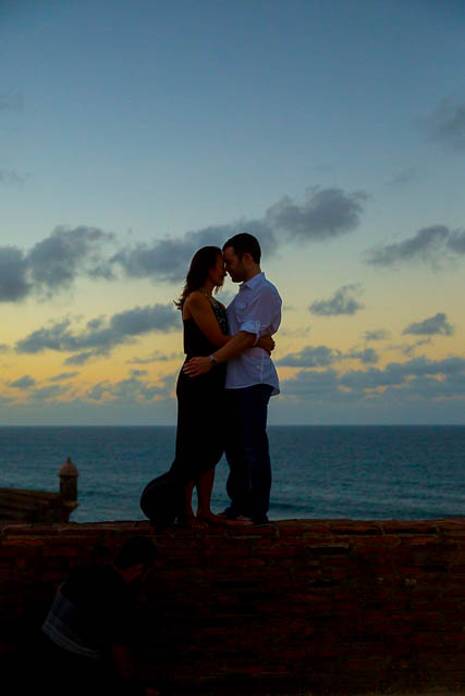 Sunset silhouette engagement photos at Castillo de San Cristobal, San Juan, Puerto Rico.