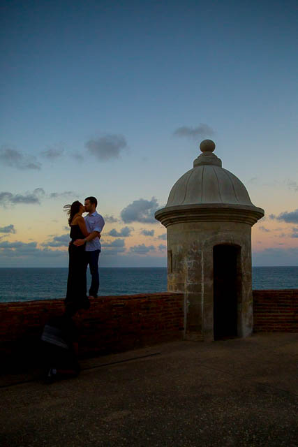 Sunset silhouette engagement photos at Castillo de San Cristobal, San Juan, Puerto Rico.