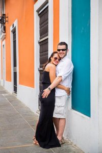 Couple having fun during their Old San Juan, Puerto Rico, engagement photos.