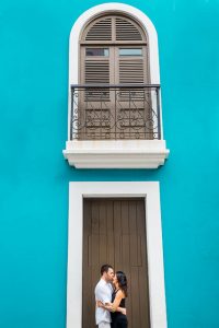 Couple having fun during their Old San Juan, Puerto Rico, engagement photos.