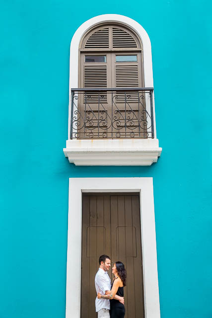 Couple having fun during their Old San Juan, Puerto Rico, engagement photos.