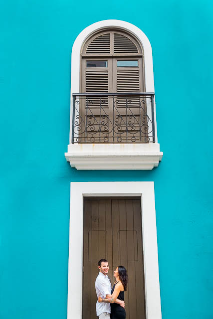 Couple having fun during their Old San Juan, Puerto Rico, engagement photos.
