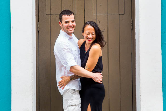 Couple having fun during their Old San Juan, Puerto Rico, engagement photos.