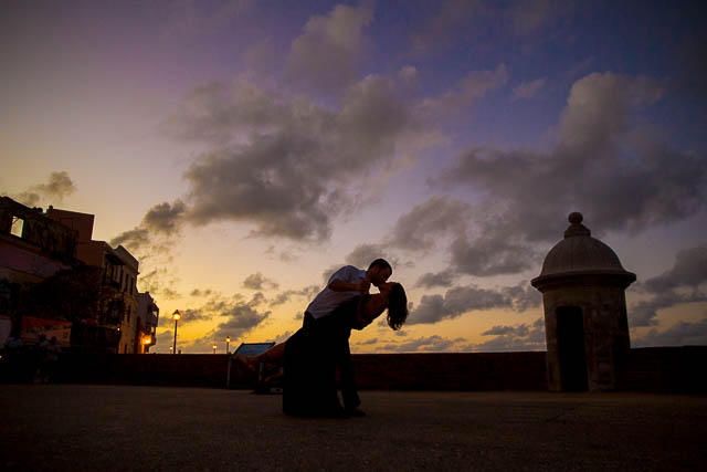 Sunset silhouette engagement photos at Castillo de San Cristobal, San Juan, Puerto Rico.