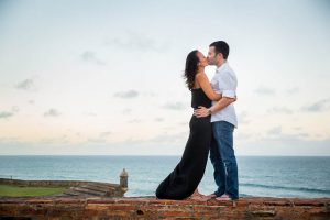 Couple kissing at San Cristobal Fort in Old San Juan, Puerto Rico.