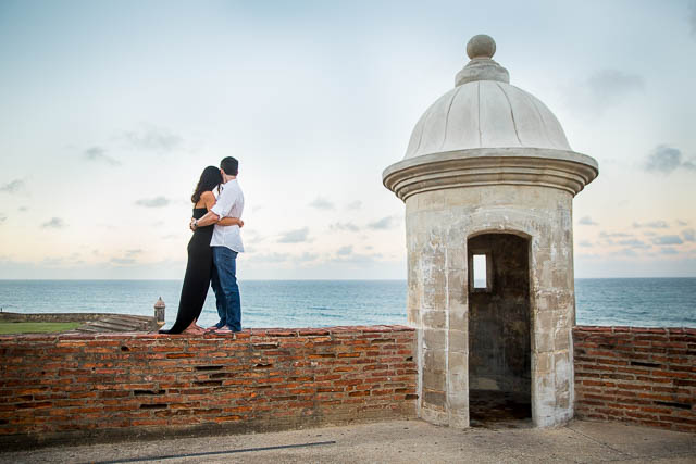 Couple kissing at San Cristobal Fort in Old San Juan, Puerto Rico.
