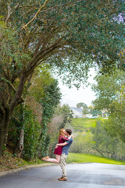 Newly engaged couple at the Hans Christian Andersen Park in Solvang, California.