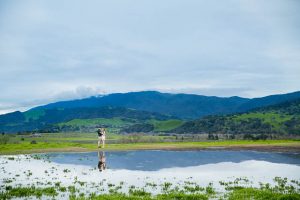 Landscape photo of the Solvang mountains and the engaged couple at the Santa Ines Mission.