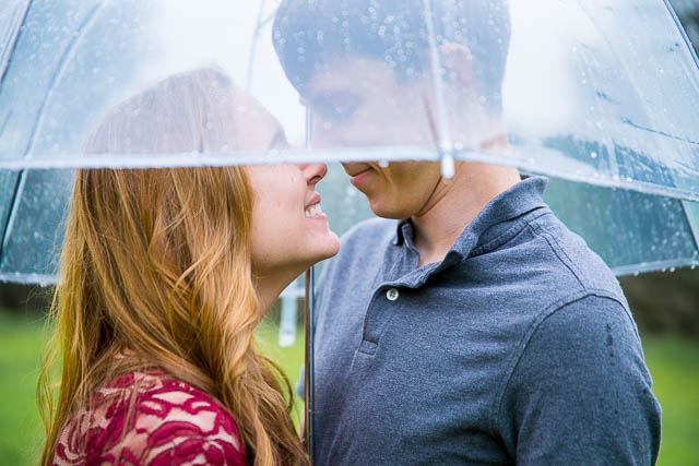 Engaged couple holding each other under the clear umbrella in the rain at Hans Christian Andersen Park in Solvang California.