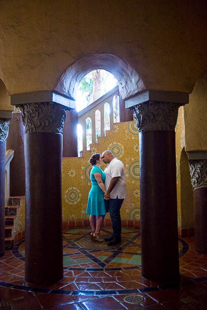 Indoor photos of a couple at the Santa Barbara Courthouse in California.