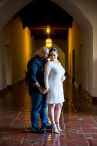 Indoor photos of a couple at the Santa Barbara Courthouse in California.