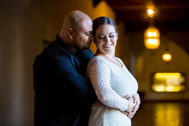 Indoor photos of a couple at the Santa Barbara Courthouse in California.
