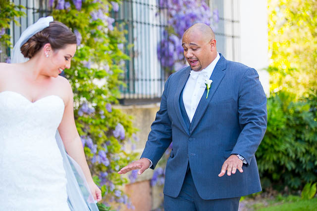 Bride and groom first look at the Santa Barbara Courthouse.