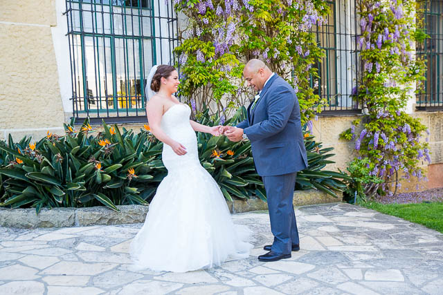 Bride and groom first look at the Santa Barbara Courthouse.