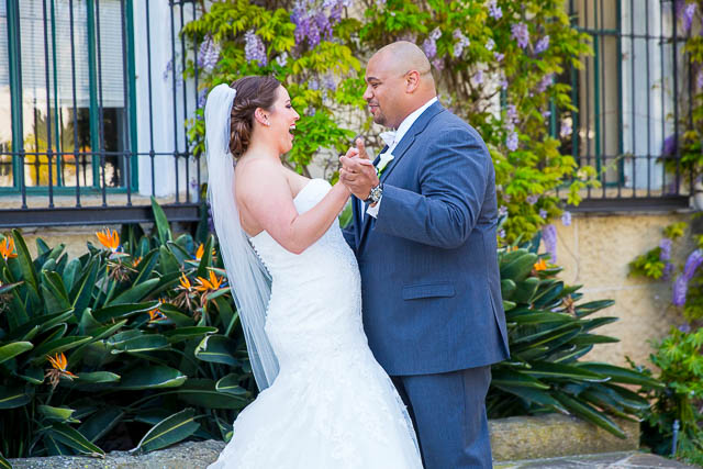 Bride and groom first look at the Santa Barbara Courthouse.