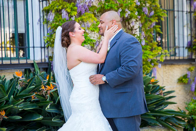 Bride and groom first look at the Santa Barbara Courthouse.