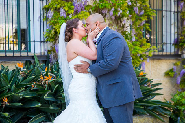 Bride and groom first look at the Santa Barbara Courthouse.