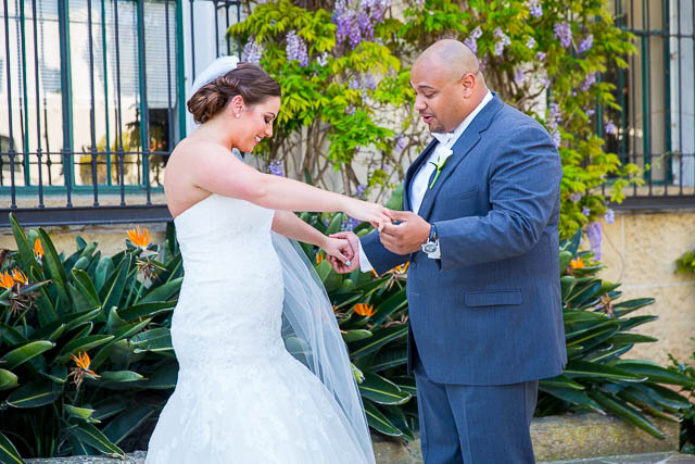 Bride and groom first look at the Santa Barbara Courthouse.