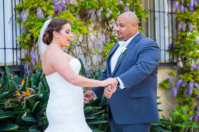 Bride and groom first look at the Santa Barbara Courthouse.