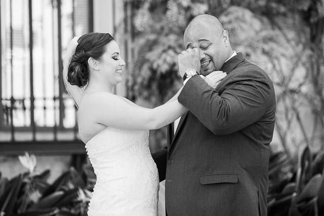 Bride and groom first look at the Santa Barbara Courthouse.