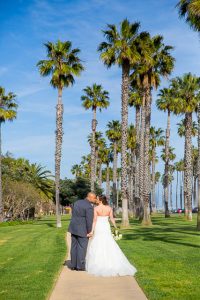 Bride and groom at the Fess Parker after their Rose Garden wedding ceremony.