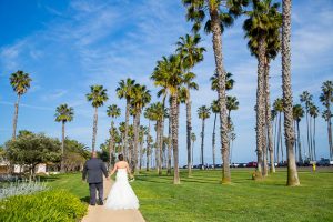 Bride and groom at the Fess Parker after their Rose Garden wedding ceremony.